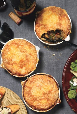 Mushroom and lentil pot pies with Gouda biscuit topping