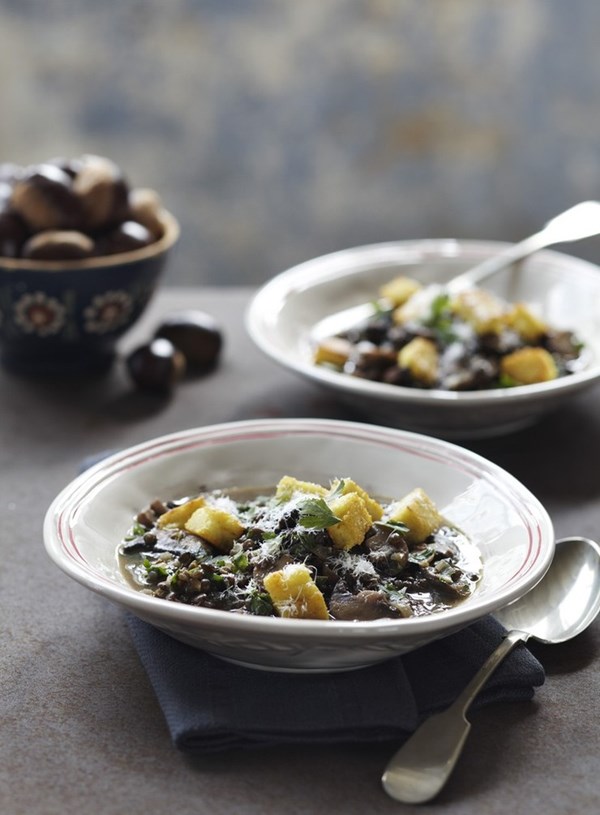 Mushroom and lentil soup with Gorgonzola polenta croutons