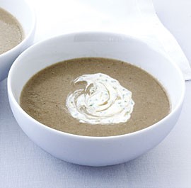 Mushroom and Parmesan soup with chive crème fraîche