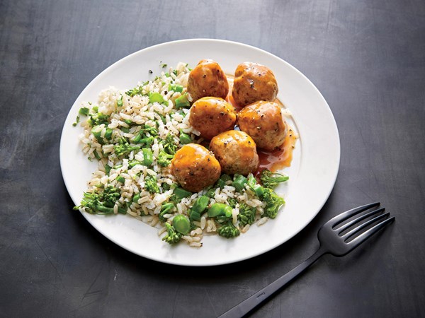 Mushroom and pork meatballs with broccolini rice