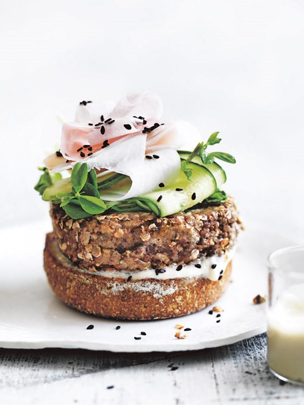 Mushroom and quinoa burger with wasabi tofu mayonnaise