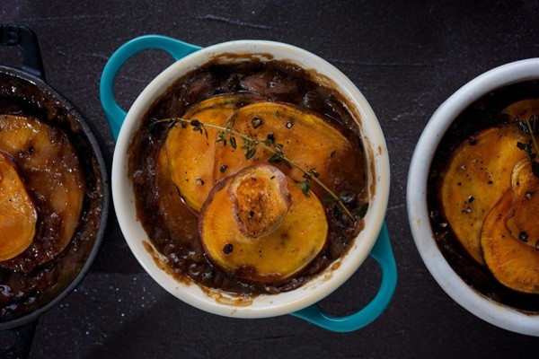 Mushroom and stout potpies with sweet potato crusts