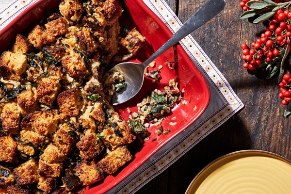 Mushroom and Swiss chard strata with Gruyere
