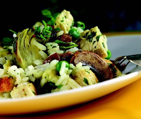 Mushroom, artichoke, rice, raisin, and chicken salad
