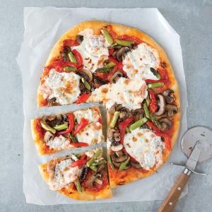 Mushroom, asparagus, and roasted red pepper pizza