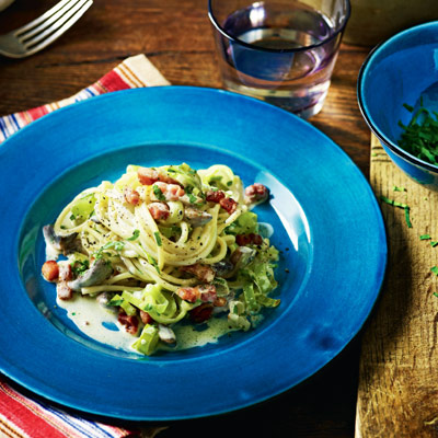 Mushroom, bacon and leek pasta