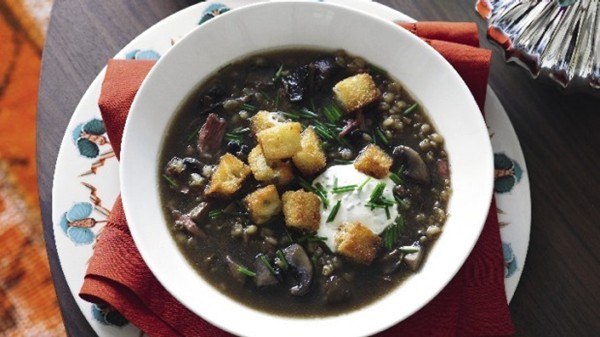 Mushroom, barley and ham soup with sourdough croutons
