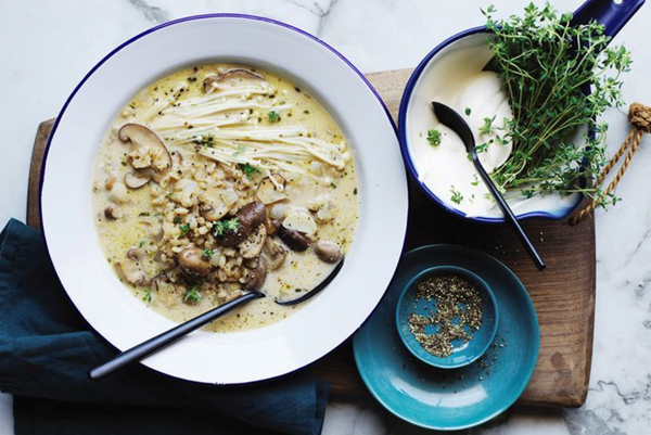 Mushroom, barley and thyme soup
