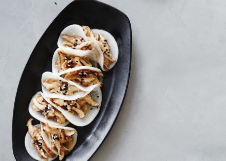 Mushroom-bulgogi-filled daikon wraps