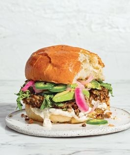 Mushroom burgers with Dijon aioli and pickled red onions