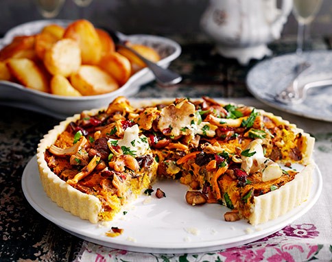 Mushroom, chestnut and cranberry tart with olive oil roasties