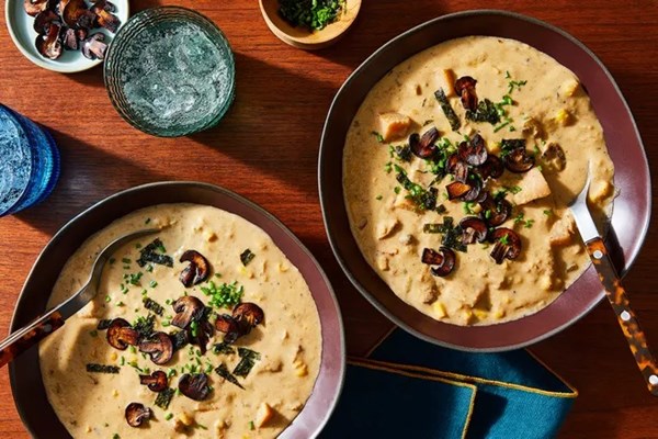 Mushroom chowder with crispy mushroom bacon