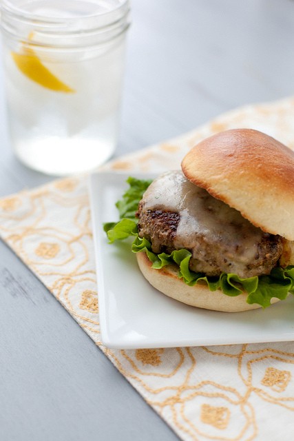 Mushroom-crusted turkey burgers with Havarti