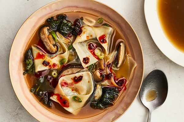Mushroom dumplings in toasted ginger and garlic broth
