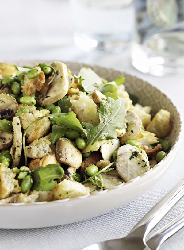 Mushroom, edamame bean and crouton salad