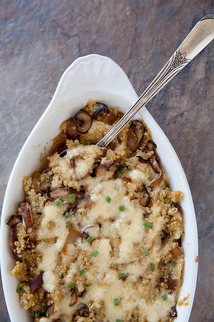 Mushroom gouda quinoa bake