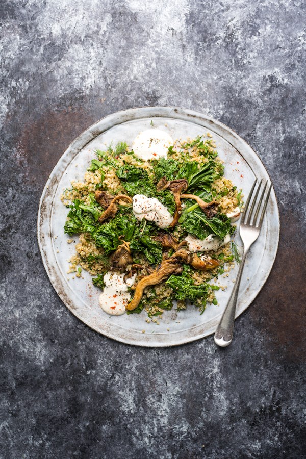 Mushroom grain bowl with harissa & quick fried kale