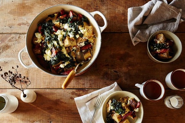 Mushroom, kale, and sausage strata
