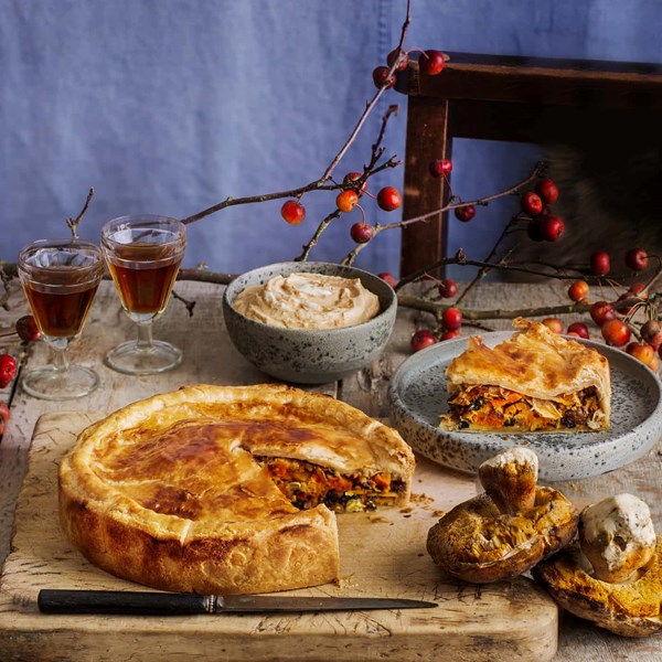 Mushroom, kimchi and sweet potato pie, miso sour cream