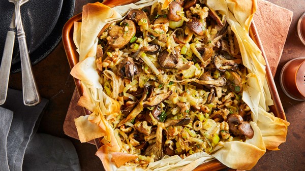 Mushroom, leek, and walnut phyllo pie 