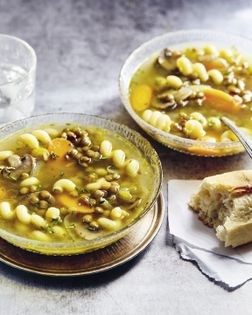 Mushroom-lentil noodle soup