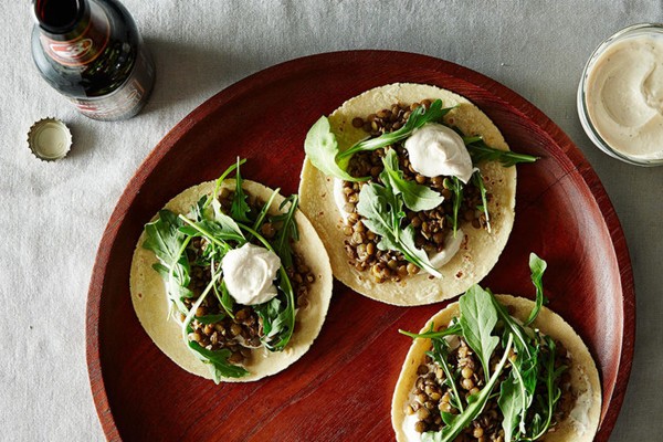 Mushroom lentil tacos with tahini yogurt sauce