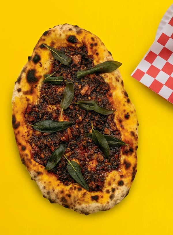 Mushroom 'nduja, honey & crispy sage pizza