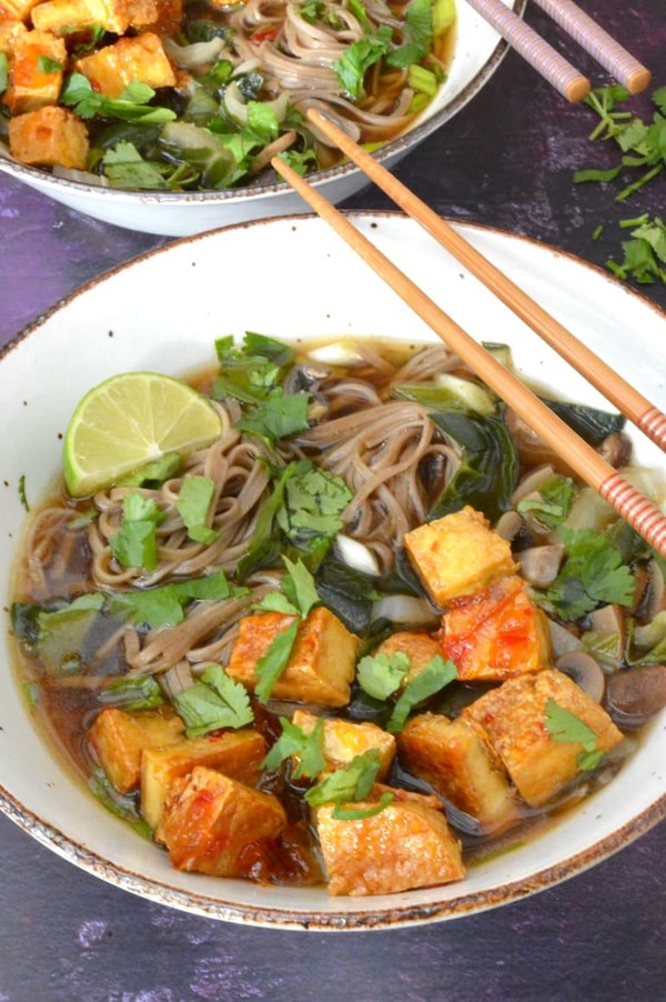 Mushroom noodle soup with pak choi and crispy marmalade tofu