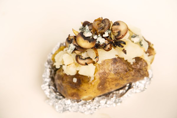 Mushroom, onion, and blue cheese stuffed potato