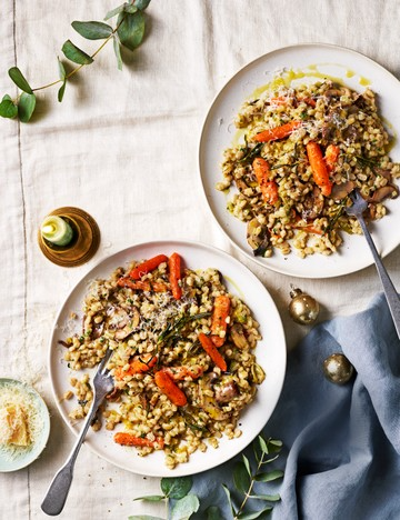 Mushroom pearl barley risotto with roasted carrots