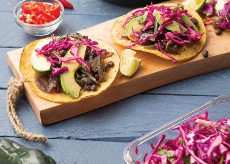 Mushroom, poblano, and black bean tostadas