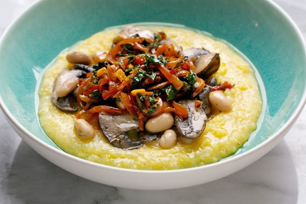 Mushroom polenta bowl with greens and beans