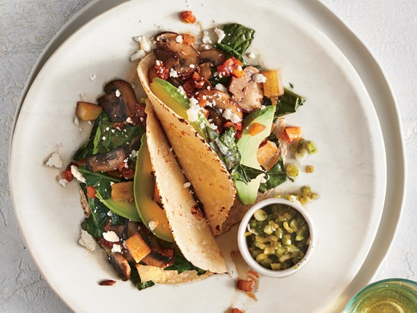 Mushroom-potato tacos with scallion relish