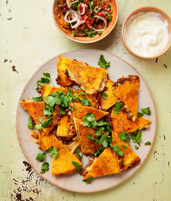 Mushroom quesadillas with plum salsa