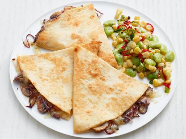 Mushroom quesadillas with succotash