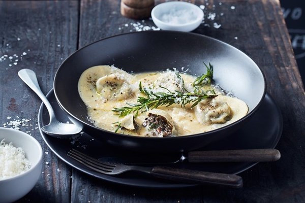 Mushroom ravioli with bone marrow sauce