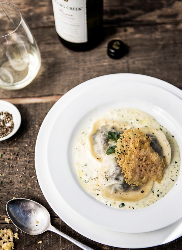 Mushroom ravioli with creamy parsley/garlic sauce and Parmesan crisp (by Veronica Zahra, Executive Chef – Jacob’s Creek Heritage Vineyard)
