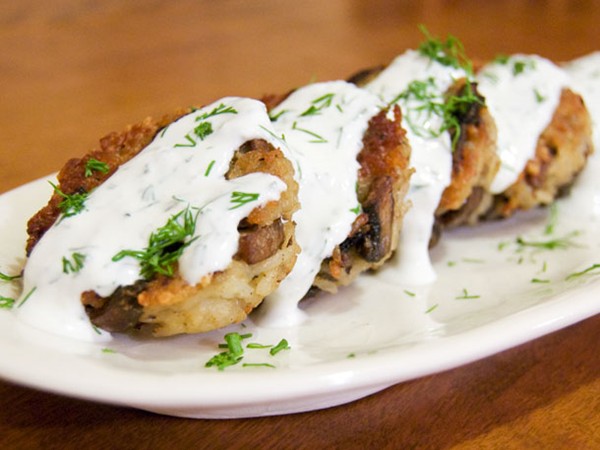 Mushroom-rice fritters with lemon-dill sour cream