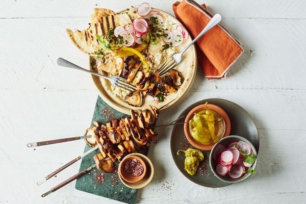 Mushroom shawarma skewers and feta hummus