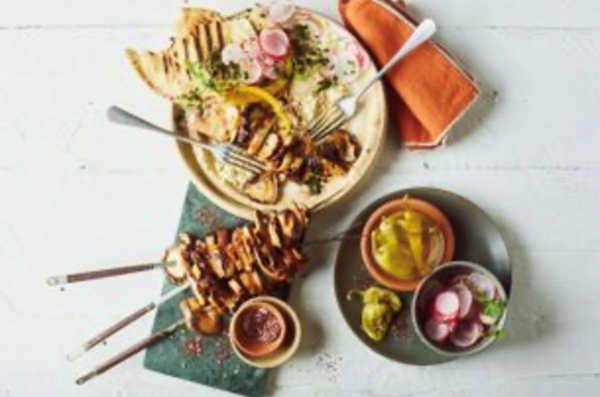 Mushroom shawarma skewers and feta hummus