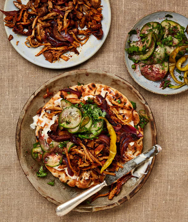 Mushroom shawarma with sumac cucumbers