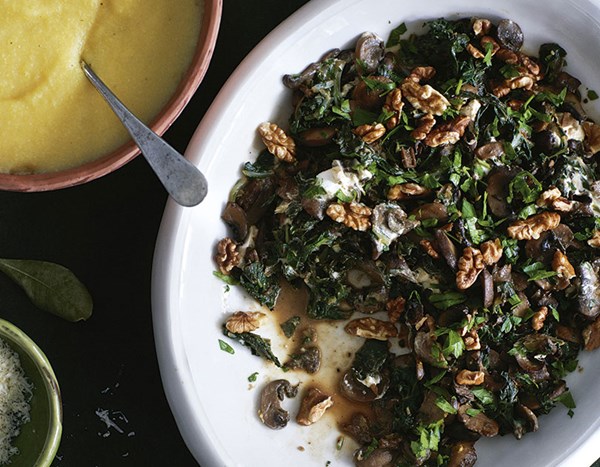 Mushroom, silverbeet & goat's cheese with walnuts