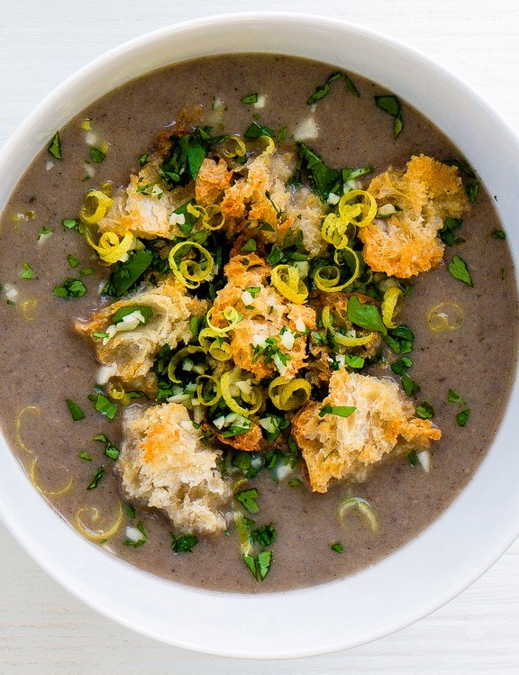 Mushroom soup with sourdough croutons and gremolata