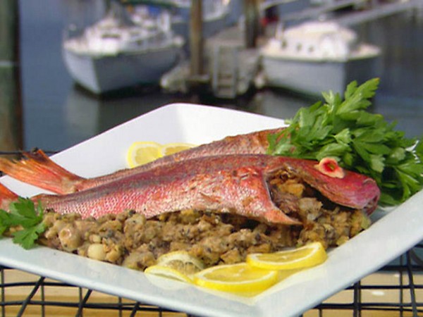Mushroom stuffed baked red snapper