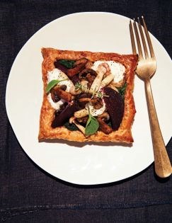 Mushroom tartlets with goat cheese & beets