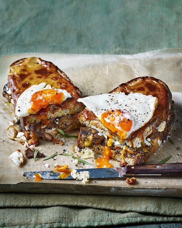 Mushroom Welsh rarebit with a fried egg