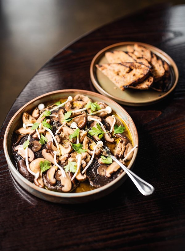 Mushrooms à la Grecque with charred sourdough