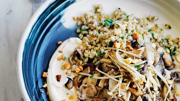 Mushrooms and pearl barley with macadamia bread sauce