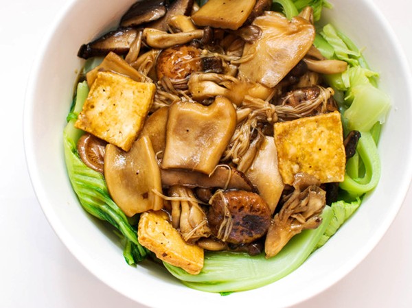 Mushrooms and tofu with Chinese mustard greens