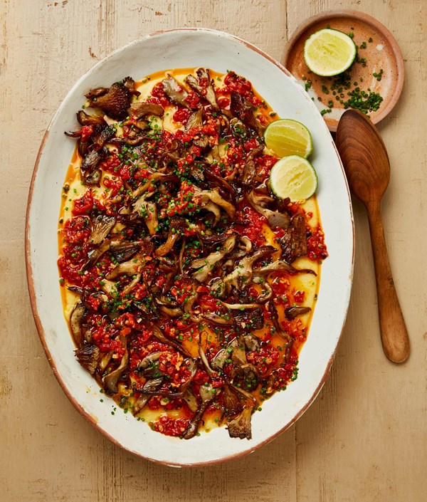 Mushrooms with tomato chipotle sauce and polenta